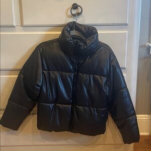 Black leather puffer coat